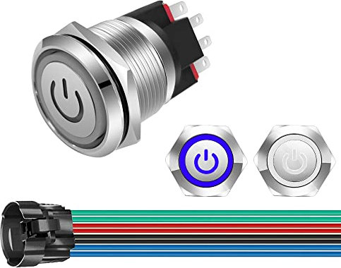 GUUZI 220V-230V/10A 22mm Interruttore a Pulsante a Scatto NO/NC Impermeabile LED Blu/Bianco Illuminato con Luce a LED Pulsante di Avviamento in Metallo con Presa di Corrente