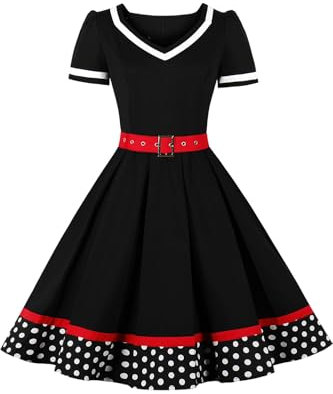 AXOE Damen 50er Jahre Kleider Rockabilly Vintage Festliches mit Abnehmbarer Gürtel A LinieSchwarz Weiß Gepunktet B2, Gr.34, XS