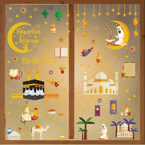 Leonshco 196 Blätter Ramadan Fensterbilder, Selbstklebende Ramadan Sticker PVC Stern Mond Fenster Deko, Eid Mubarak Dekoration Fenstersticker, Ramadan Dekoration für Kinderzimmer, Wohnzimmer, Etc
