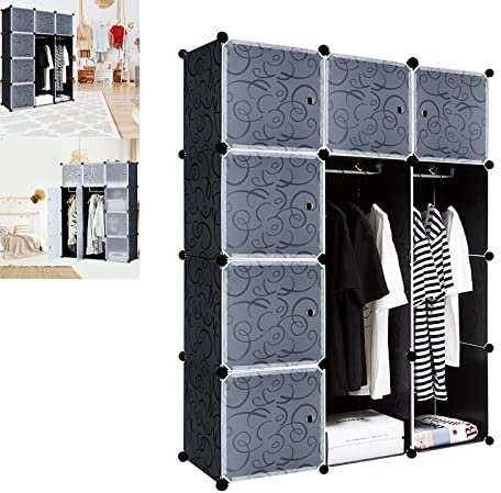 YARDIN Kleiderschrank DIY Plastik Regalsystem Steckregalsystem Kunststoff-Garderobe mit Hängefläche Garderobenschrank und Tür, 12 Fäche (140x105x35cm, Schwarz)
