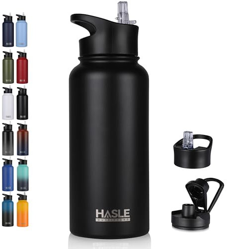 Botella de agua aislada de acero inoxidable de 32 onzas, botella de agua deportiva al vacío de doble pared con 2 tapas (popote y tapa de boquilla) para gimnasio, camping, senderismo (negro, 1)