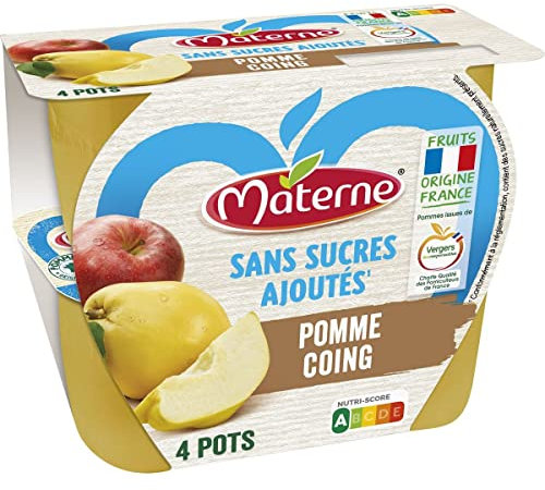 Lote de 6 unidades *** MATERNE - Tazas de manzana de Francia membrillo sin azúcares añadidos 4 x 100 g. Tamaño de cartón de 6 unidades
