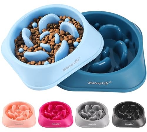 MateeyLife Hundenapf 2 Stück, Anti schling napf Hund – Rutschfester Slow Feeder Hundenapf für mittelgroße und große Hunde, Hellblau & Dunkelblau (19,8 cm)
