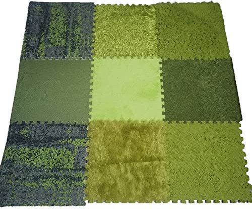 9 Stück Ineinandergreifende Teppichfliesen, Quadratische Plüschschaum-Fußmatten, Sensorische Matten, Puzzle-Spielmatte, Flauschiges Grünes Teppich-Set, 9 Fliesen/9 Quadratfuß