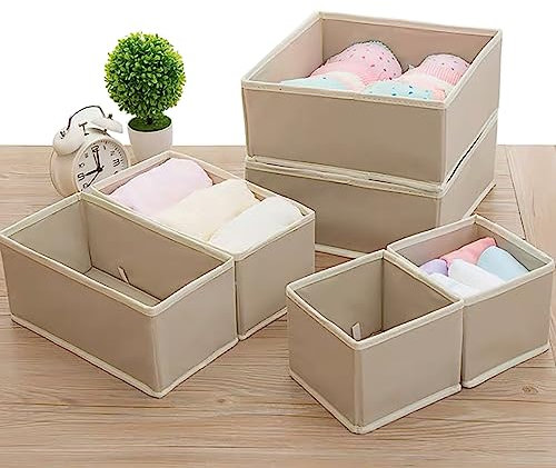 NIAWECAN 6 Pack Drawer Organiser, Foldable Wardrobe Storage Organiser, Fabric Drawer Dividers, Baby Clothes Storage Box, Clothes Organizer for Underwear, Bras, Socks, Ties, Scarves (Khaki, 3 Size)