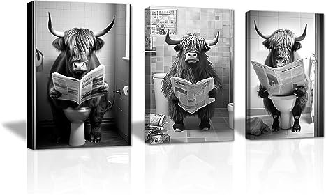 LZIMU Funny Bathroom Wall Decor 3 Panel Highland Cow Sitting on Toilet Reading Newspaper Canvas Prints Black and White Animals Poster