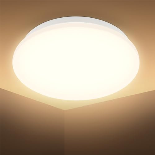 B.K.Licht – LED Deckenleuchte mit Bewegungsmelder, LED Deckenlampe für das Bad, Lampe mit Spritzwasserschutz und warmweißem Licht, Badezimmer, Küchenlampe, 27x6 cm (DxH), Weiß