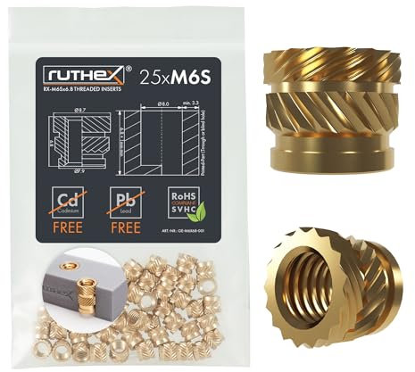 ruthex Gewindeeinsatz M6 SHORT - 25 Stk. RX-M6x6.8 BLEIFREIE Gewindebuchse aus Messing - stabile Einschmelzgewinde/Einpressmutter - Einschmelzen von Gewindehülse in 3D-Druck-Teile aus Kunststoff