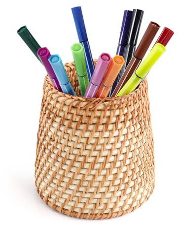 QLoztyse Porte-crayons en rotin tissé à la main pour pinceaux de maquillage, bureau, papeterie (cône)