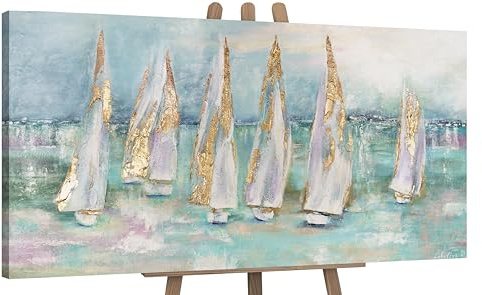 YS Tableau peinte à la main Voiliers Art abstrait modern paysage marin voiliers tons turquoise et or Surface texturée Déco murale salon 160x80 cm