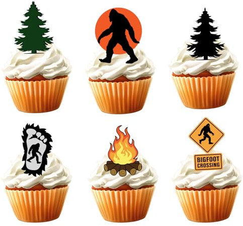 Bijeoda 18pcs Bigfoot Cupcake Toppers for Boys Girls Sasquatch Crossing Party Supplies Camping Jungle Theme Decorations