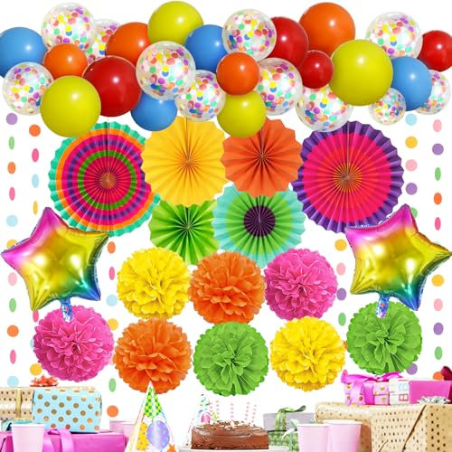 Premium Mehrfarbige Partydeko - Papier Fächer, Pompons, Luftballon, Regenbogen Deko, Geburtstag Dekoration, Happy Birthday, Fiesta Mexikanische Party