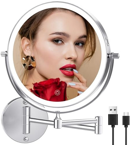 yngtoue 23cm Wand kosmetikspiegel mit Beleuchtung,Chrom 10x vergrößerung Badezimmer Rasierspiegel, USB Aufladung (960C10X)