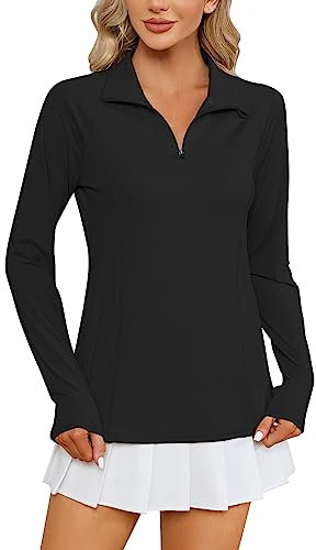 IECCP 1/4 Reißverschluss Golf Poloshirt Damen Langarm Sport Polo Langarmshirt mit Kragen UPF 50+ Sommer Funktionsshirt für Wandern Tennis Laufen Schwarz S