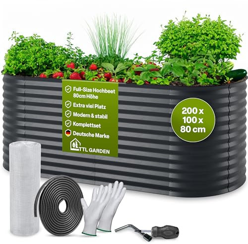 TTL GARDEN 200x100x80cm Inspire L anthrazit Metall Hochbeet - Stahl rostfrei verzinkt & grau lackiert Wellblech ovale Form sehr stabil Garten Beet für Gemüse Kräuter Blumen Gartenbeet Gemüsebeet