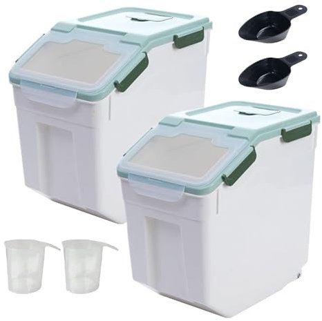 Begino Large Flour Storage Container Bin 50lb, 2Pack Airtight Rice Storage Containers with Wheels Seal Locking Lid, BPA Free with Measuring Cup&Scoop for Flour, Rice, Grain(Green)