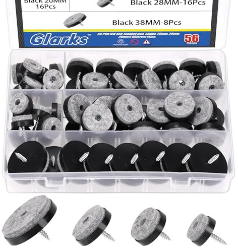 Glarks 56pcs Black 20MM 24MM 28MM 38MM Furniture Glide Screw-on Furniture Antiskid Felt Pad Slider Floor Protector for Wooden Leg Feet of Chair Table Sofa Stool