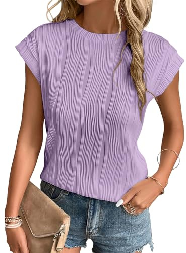 Gemulate Women's t-Shirts Short Sleeve Blouses Casual Round Neck Tshirts Tees for Women Ladies Knit Plain Summer Dressy Shirts Light Purple L