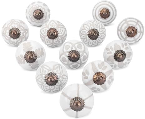 Ajuny Lot de 12 boutons décoratifs en céramique blanche pour armoire, commode, porte, tiroir et meubles pour placard, cuisine, salle de bain, poterie faite à la main