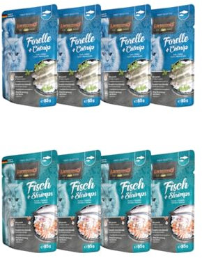 Leonardo Frischebeutel 8x85g | Katzenfutter | Nassfutter | Multi Bundle | Sparpaket | Pouch | Verschiedene Sorten (85g, 4X Forelle+Catnip, 4X Fisch+Shrimps)