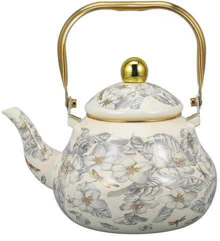 RSBFER Emaillierter Teekessel im Vintage-Stil, Teekanne aus Stahl mit Blumenmuster, Heißwasserkessel für Induktion, Gasherd, Holzofen,1.5L