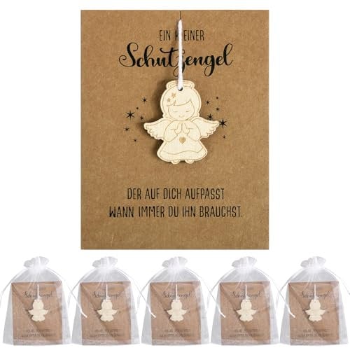 BOFUNX 5 Set Schutzengel Holz Schutzengel Geschenkkarte mit Organzasäckchen - Schutzengel Geschenke Mutmacher Geschenk für Familie Freunde Fahranfänger Prüfung Glücksbringer Abschiedsgeschenke