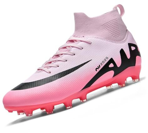 AMLCWZ Men's Football Boots, Pink, 2.5 UK, High-Top, Lace-Up, Dual-Material Soles, Fabric Lining, For Male Football Players, Youth to Adult