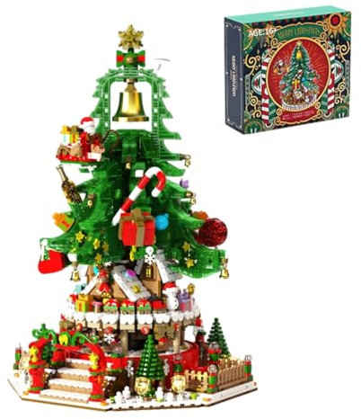 Funwetrike Bloque de construcción de árbol de Navidad, caja de música de melodía navideña con luz, árbol de Navidad para construir exhibición, regalos de adorno de Navidad (versión dinámica/2963