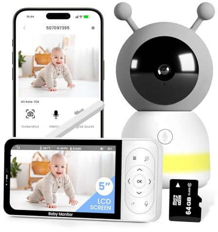 RFAQK Baby Monitor con WiFi - Videocamera 2K con schermo HD da 5 pollici, visione notturna, modalità VOX 24 ore, sensore di temperatura pianto e rilevamento movimento, monitoraggio automatico PTZ