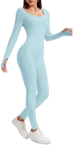 OOHOKAY Jumpsuit Damen Lang Eng Yoga Bodysuit Hohe Taille Overall Stretch Shape Langarm Sport Jumpsuit Leggings Hosen Set Scrunch Butt Sportkleidung Frauen Playsuits Einteiler(Himmelblau-C,S)