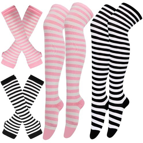 Scettar 2 Paar Oberschenkelhohe Socken & 2 Paar Lange Fingerlose Handschuhe, Gestreifte Kniehohe Socken Beinwärmer für Frauen Und Armstulpen für Frauen und Mädchen (Schwarz + Rosa)