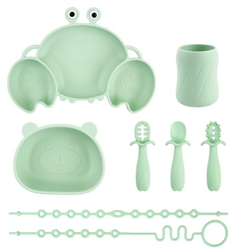 Set Vaisselle pour Bébé Silicone avec Ventouse, 8 Pièces, Set Repas pour Enfants, Inclus Anti-dérapant Assiette, Bol, une tasse, 3 cuillères et 2 sangles de sécurité, sans BPA (Vert)