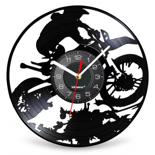 Viiluuxr Motocross-Wanduhr 30 cm im Vinyl-Stil, ohne Ticken, Schwarz | Offroad-Motorradfahrer im Sprung mit Helm, Bike und Geländeprofil für Garage, Gaming- und Hobbyzimmer