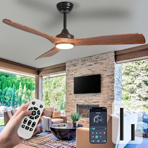 Depuley Leise Deckenventilator mit Beleuchtung für Außen: LED Lampe mit Ventilator für Garten Terrasse - 132CM Groß Deckenventilator mit Licht und APP für Wohnzimmer Restaurant Büro, Braun