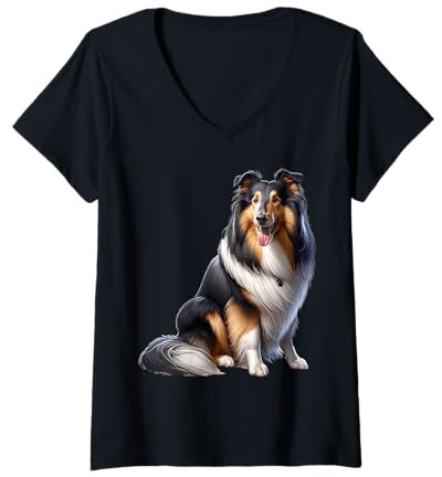 Damen Langhaar Collie Motiv Collie T-Shirt mit V-Ausschnitt