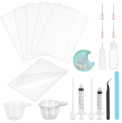 OLYCRAFT 12Pcs Plastic Sealing Protective Film Set 9x13cm Resin Shaker Film Set with Glue Dispensing Syringes and Plastic Needles Bottle Spoon for Resin Shaker Mold Quicksand Pendant DIY Crafts