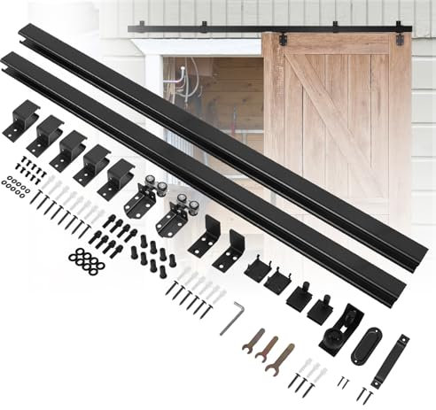 8FT Box Rail Exterior Barn Door Hardware Kit, Heavy Duty Sliding Barn Door Hardware with Barn Door Handles (No Door), Wall Mount Door Hardware Box Rail Barn Door Hardware Kit (Widest to 48 Wide Door)