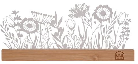 UNUS Aufsteller Deko Blumenwiese aus Bambus & Metall, Filigrane Frühlingsdekoration für Fensterbank, Tisch & Regal, Nachhaltiges Design mit natürlichem Flair