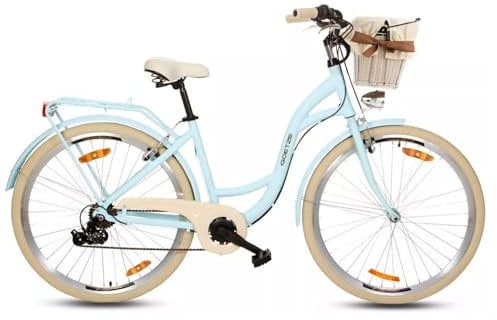 Goetze Mood 28 Zoll Damen Citybike, 18 Zoll Tiefeinsteiger Aluminiumrahmen, 7-Gang Kettenschaltung, doppelte V-Bremsen, LED-Beleuchtung, Rattankorb, Komfortsattel, mit Seitenständer & Klingel