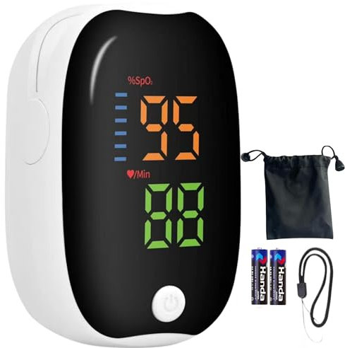 Oxymètre de Doigt Professionnel, Saturomètre SPO2 avec Écran LED, Mesure rapide de Saturation Oxygène et Fréquence Cardiaque, etui de protection + Piles Incluses, Idéal pour sportifs (noir-blanc)