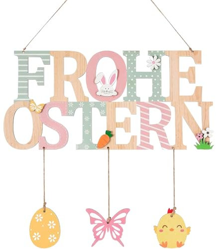 Scinzene Osterdeko zum Aufhängen - Holz Dekoschild mit Osterhase und Eiern, Wetterfeste Ostern Deko für Tür, Fenster und Garten, Modernes Frühlingsdekor Set