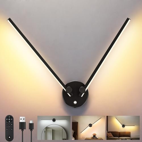Glowlit Battery Operated Wall Lights 6000 mAh Wireless Wall Lights Rechargeable with Remote, 300° Rotation, 3 Colors, LED Dimmable Wall Lamp, Indoor Wall Light for Bedroom, Living Room (Black)