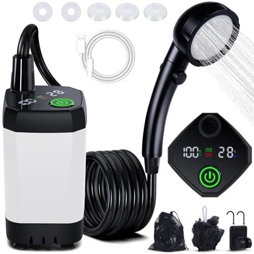 Spopal Portable Shower for Camping, 6000mAh Rechargeable Camping Shower Pump with Intelligent LED Display, 4 Spray Modes, IPX7 Waterproof Outdoor Shower Kit for Hiking, Travel, Car, Pet (White)