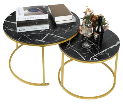 HUOLE Lot de 2 Tables Basses Rondes en marbre Gris foncé, Table d'appoint Ronde, Moderne, pour Salon, Chambre à Coucher, Balcon70*70 * 45cm - Noir Doré