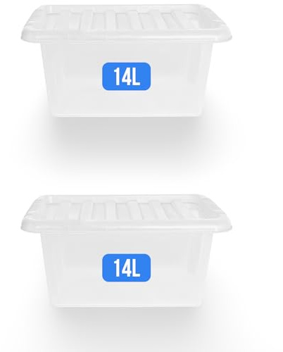KAPCO 14L Storage Boxes with Clear Lids – Clear Plastic Organizer Container for Clothes, Toys, Office, Kitchen | Stackable Small Tubs | Portable BPA-Free Storage Box for Moving & Shelf Use (Set of 2)