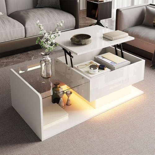Merax Lift Up Coffee Table, White High Gloss Coffee Table Centre Table for Living Room, with glass Tabletop and LED Effect, 16-colour variable Led Lights, round corners Design, 100 * 50 * 33/47.5cm