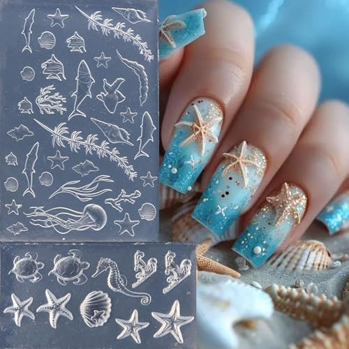 2PCS 3D Ocean Silicone Nail Molds, Spring Summer Beach Nail Charms Resin Nail Art Molds Starfish Seashells Carving Template for Women Acrylic DIY Nail Supplies