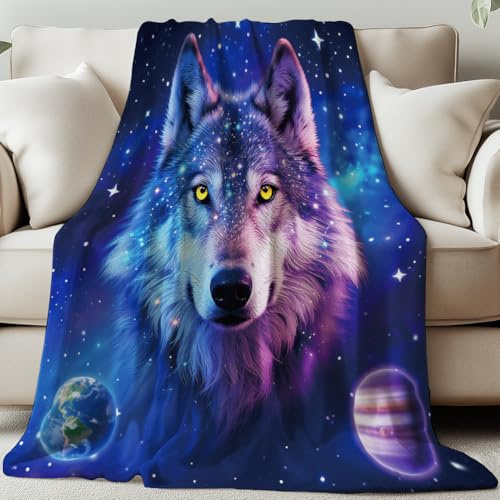 GLOBLELAND Milky Way Throw 59×51 inch Wolf Head Flannel Blanket