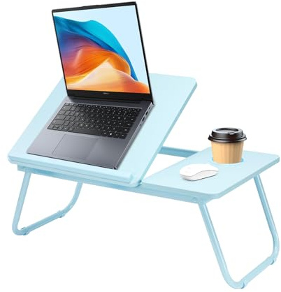 Holdfiturn Foldable Laptop Desk, Laptop Table with Cup Holder, Height Adjustable Computer Bed Tray Table, Reading Holder Notebook Stand for Eating Reading Working (Blue)