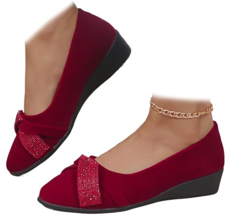 Women's Lightweight Fashion Rhinestone Wedge Shoes, Comfortable Orthopedic Wide Fit Dressy Ballet Flats Sparkly Wedding Party Evening Low Heel Pumps (5,Red)